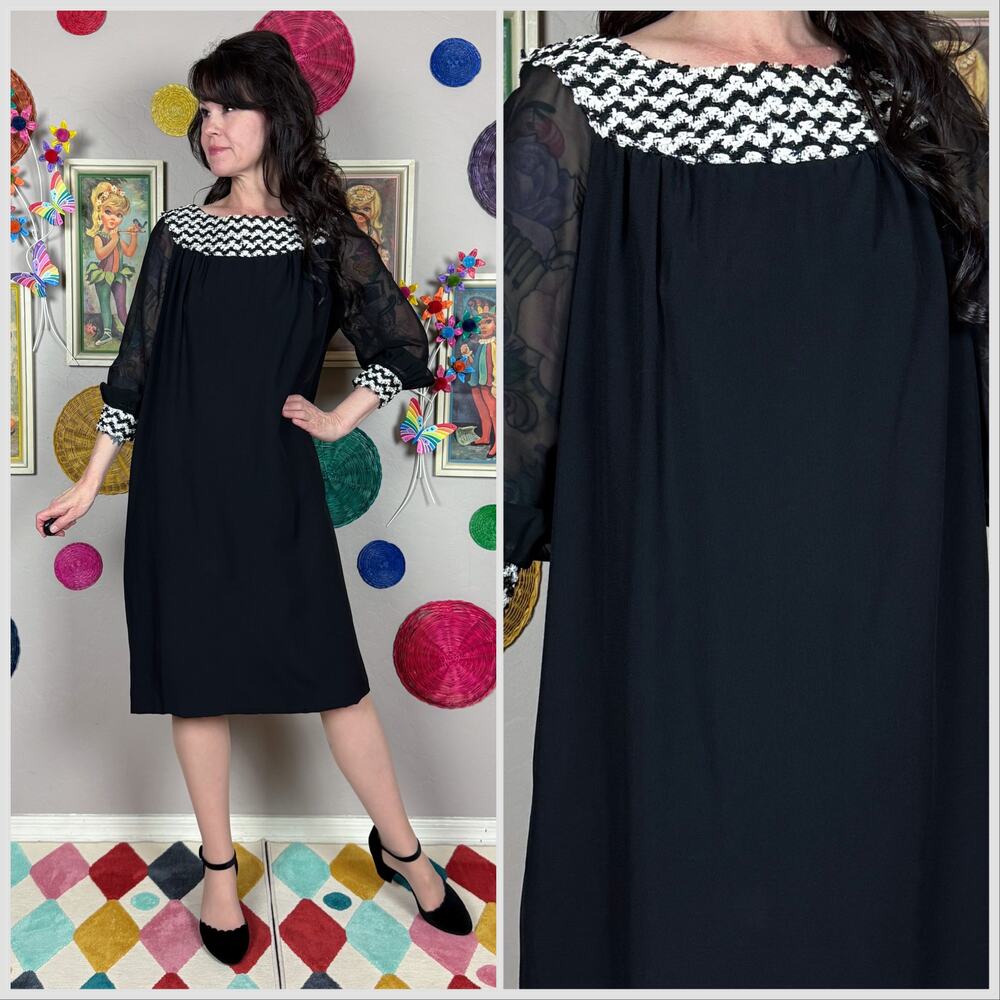Vintage Black Soutache Shift Dress With Chiffon Sleeves